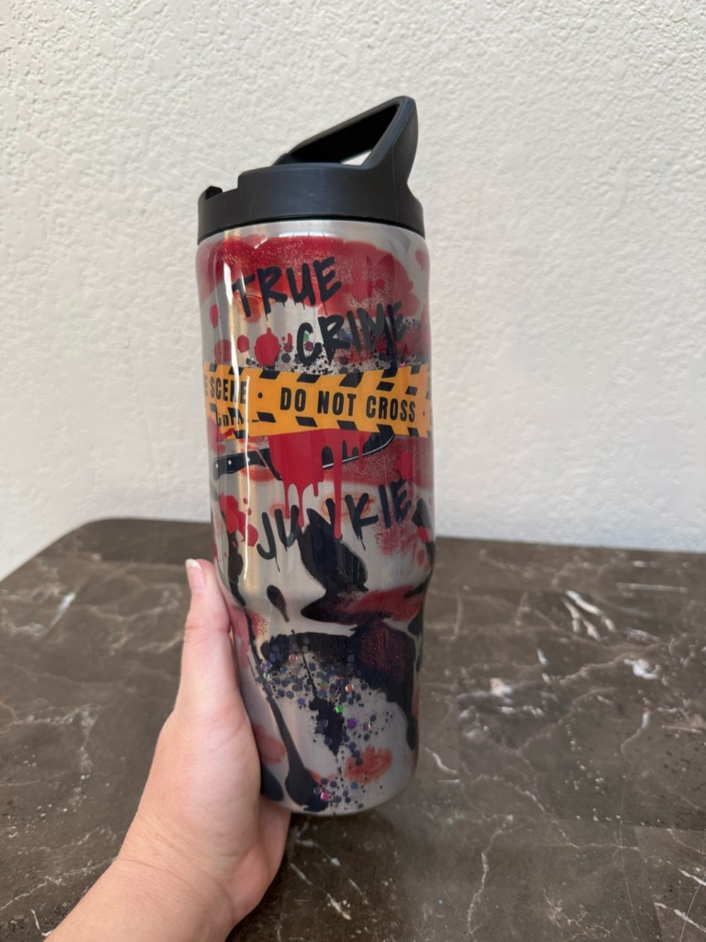 True Crime Junkie Blood Spatter Tumbler Cup 30 oz ClipMate Flip Top Hydro Bottle